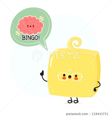 Butter with speech bubble and brain character. Vector hand drawn cartoon kawaii character illustration. Isolated white background. Butter poster and brain Butter with speech bubble and brain character. Vector hand drawn cartoon kawaii character illustration. Isolated white background. Butter poster and brain 119433731