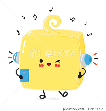 Butter listens to music on headphones with a smartphone. Vector hand drawn cartoon kawaii character illustration icon. Isolated on white background. Butter character concept 119433734