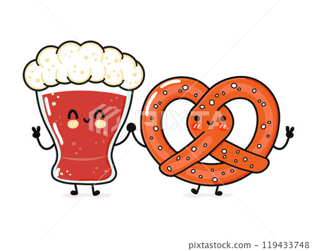 Cute, funny happy glass of beer and pretzel. Vector hand drawn cartoon kawaii characters, illustration icon. Funny cartoon glass of beer and pretzel mascot character concept Cute, funny happy glass of beer and pretzel. Vector hand drawn cartoon kawaii characters, illustration icon. Funny cartoon glass of beer and pretzel mascot character concept 119433748