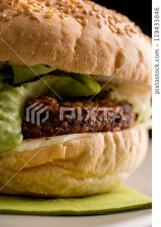 Close up Burger with Vegetarian Rissoles 119433846