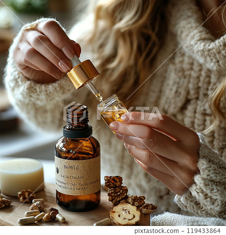 Woman's hand takes out a bottle of essential oil 119433864