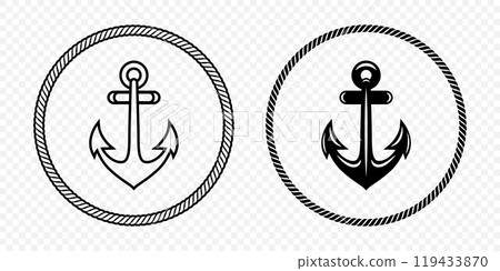 Anchor Icon Set. Flat Monochrome Anchor Shapes in Circular Rope Frame. Nautical Anchor Symbols, Marine Rope Border Design. Vector Illustration Anchor Icon Set. Flat Monochrome Anchor Shapes in Circular Rope Frame. Nautical Anchor Symbols, Marine Rope Border Design. Vector Illustration 119433870