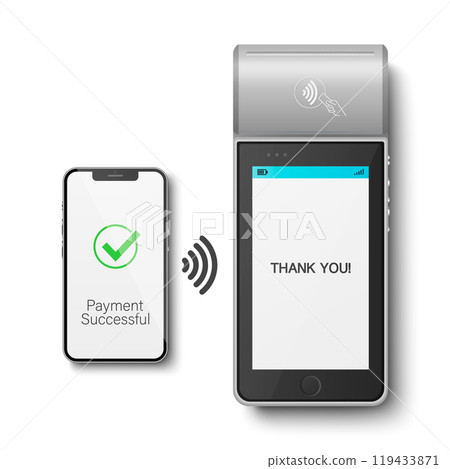Vector 3D Realistic Grey NFC Payment Terminal and Smartphone Closeup. Successful Payment, Transaction. Payment Machine, Approved Status. Design Template, Bank Payment Contactless Terminal 119433871