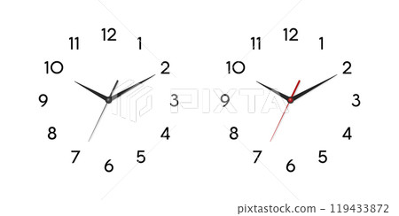 Vector 3d Realistic Wall Office Clock Face Set. White and Black Dial and Clock Hands Closeup Isolated. Design Template. Simple Minimalistic Wall Clocks in Front View 119433872