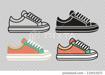 Flat Vector Linear Male and Female Shoes Icon Set Isolated. Sneakers, Footwear Color Symbol Set, Design Template, Clipart. Vector Illustration Flat Vector Linear Male and Female Shoes Icon Set Isolated. Sneakers, Footwear Color Symbol Set, Design Template, Clipart. Vector Illustration 119433875