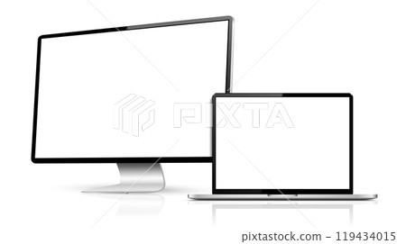 Realistic computer screen mockup. Two computer display with blank screen. 119434015