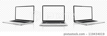 Laptop transparent screen mockup. Realistic laptop in different positions isolated on transparent background. 119434019