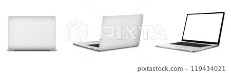 Realistic laptop mockup with blank screen isolated on white background, perspective laptop mock up different angles views. 119434021