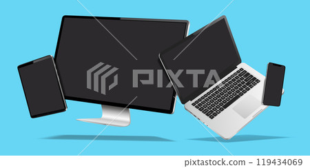 Modern computer screen, laptop, smartphone and tablet mockup. Digital devices levitation on blue background with shadow. Modern computer screen, laptop, smartphone and tablet mockup. Digital devices levitation on blue background with shadow. 119434069