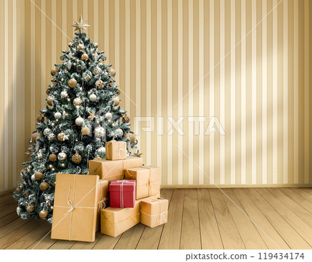 A beautiful Christmas Tree adorned with presents set in a stylish minimalist retro interior 119434174