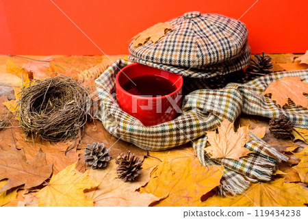 Mug cozy aromatic tea beverage scarf and hat. Hot drink for autumnal walk. Warming beverage. Mug of tea covered surrounded by scarf autumnal background with fallen maple leaves and fir cones Mug cozy aromatic tea beverage scarf and hat. Hot drink for autumnal walk. Warming beverage. Mug of tea covered surrounded by scarf autumnal background with fallen maple leaves and fir cones 119434238