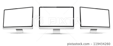 Three monitor with empty display, realistic set device screen mockup 119434260