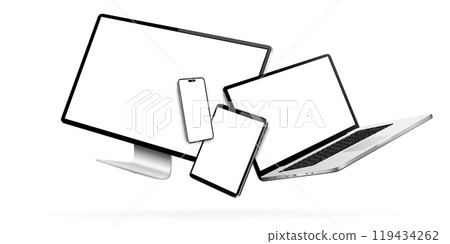 laptop, levitation, interacting, fly, floating, levitate, isolated, gadget, hipster, float, tablet, monitor, display, blank, vector, multimedia, internet, template, notebook, digital, technology, touc 119434262