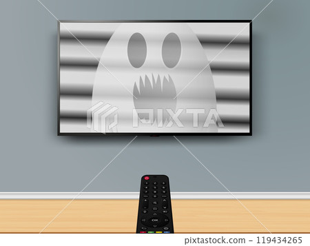 Watching TV with Horror scary movie. Remote control is pointed at the TV on the wall with ghost in screen. 119434265