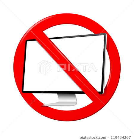 No computer sign. Not use monitor prohibited sign on white background. No computer sign. Not use monitor prohibited sign on white background. 119434267