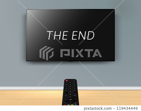 Watching online TV with movie ending screen. Remote control is pointed at the TV on the wall. Watching online TV with movie ending screen. Remote control is pointed at the TV on the wall. 119434449
