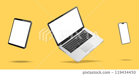 Laptop, smartphone and tablet while levitating in the air on a yellow background 119434450