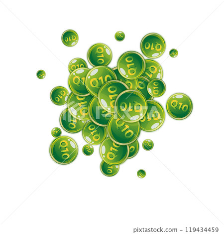 Vitamin Q10 round capsules scattered randomly. Vitamin Q10 round capsules scattered randomly. 119434459