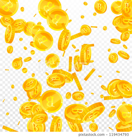 Thai baht coins falling. Gold scattered THB Thai baht coins falling. Gold scattered THB 119434793