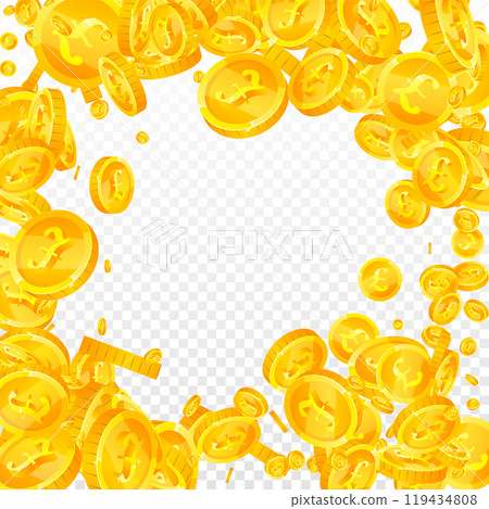 British pound coins falling. Scattered gold GBP British pound coins falling. Scattered gold GBP 119434808