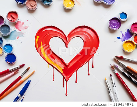 Heart drawn with colorful paints and brushes 119434971