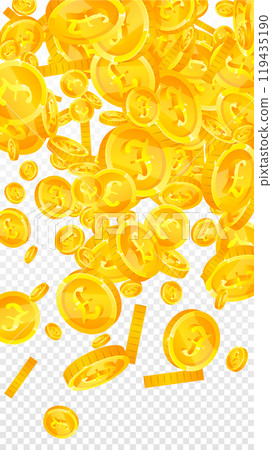 British pound coins falling. Scattered gold GBP 119435190