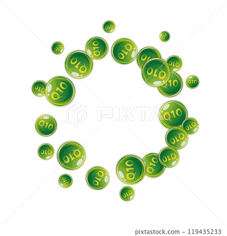 Vitamin Q10 round capsules scattered randomly. Vitamin Q10 round capsules scattered randomly. 119435233
