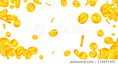 Indian rupee coins falling. Scattered gold INR Indian rupee coins falling. Scattered gold INR 119435307