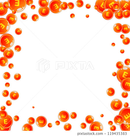 Vitamin E round capsules scattered randomly. 119435383