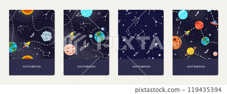 Note book cover design. Cosmic pattern for kids. Note book cover design. Cosmic pattern for kids. 119435394