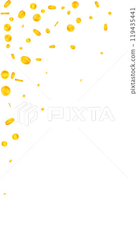 Bitcoin coins falling. Cryptocurrency scattered 119435441