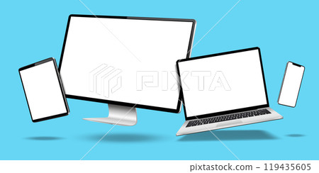 Modern desktop computer, laptop, and tablet mockup with white blank screens. Digital devices levitation on blue background. Modern desktop computer, laptop, and tablet mockup with white blank screens. Digital devices levitation on blue background. 119435605