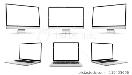 Three monitor and laptop with blank screen, realistic isolated devices. 119435606