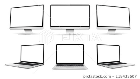 Computer display and laptop on three sides with blank screen Computer display and laptop on three sides with blank screen 119435607