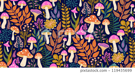 Vibrant, colorful illustration featuring seamless pattern of various mushrooms and foliage in pink, orange, green colors on dark blue. Design for Textiles, Fabrics, Fashion Prints, Wallpapers. Vibrant, colorful illustration featuring seamless pattern of various mushrooms and foliage in pink, orange, green colors on dark blue. Design for Textiles, Fabrics, Fashion Prints, Wallpapers. 119435699