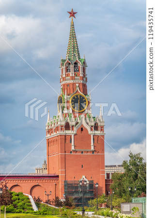 Spasskaya Tower viewed inside Kremlin, Moscow, Russia. 119435741