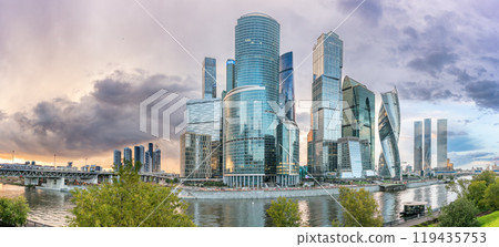 High buildings of Moscow-City at Moskva River at summer sunset, Russia. High buildings of Moscow-City at Moskva River at summer sunset, Russia. 119435753