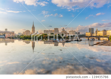 Panoramic view Borodinsky bridge, river Moscow, old buildings and high towers. View of the Borodinsky Bridge and the embankment in Moscow Panoramic view Borodinsky bridge, river Moscow, old buildings and high towers. View of the Borodinsky Bridge and the embankment in Moscow 119435766