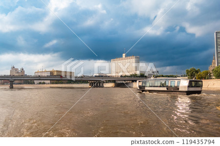 Modern eco-friendly transport: the futuristic river tram runs along the Moskva River. 119435794