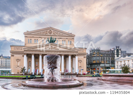 Fountain at Bolshoi theatre (Big theatre) in Moscow, Russia. Daylight view of the Bolshoi theatre in Moscow, Russia Fountain at Bolshoi theatre (Big theatre) in Moscow, Russia. Daylight view of the Bolshoi theatre in Moscow, Russia 119435804