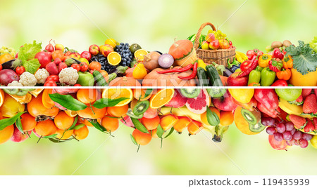Bright collection ripe fruits, vegetables and berries on green background. Bright collection ripe fruits, vegetables and berries on green background. 119435939