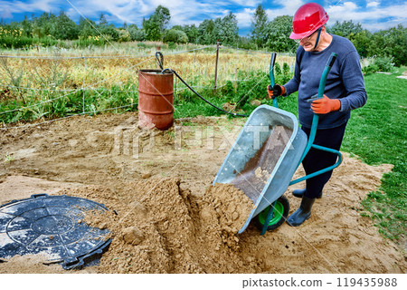 Builder brings sand in wheelbarrow and pours it outside well, leaving only manhole cover on surface. Builder brings sand in wheelbarrow and pours it outside well, leaving only manhole cover on surface. 119435988
