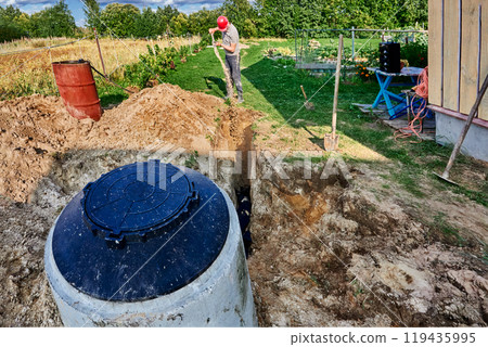 Installation of an absorbent trench for wastewater disposal area when installing an autonomous sewage system with septic tank in rural areas. 119435995