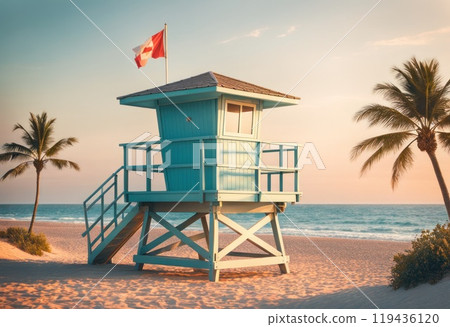 Scenic afternoon view of traditional aging lifeguard tower in weathered green pastel colors. AI 119436120