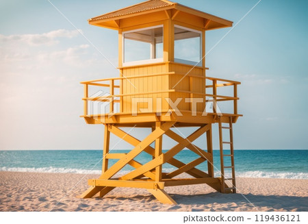 Scenic afternoon view of traditional aging lifeguard tower in weathered yellow pastel colors. AI 119436121