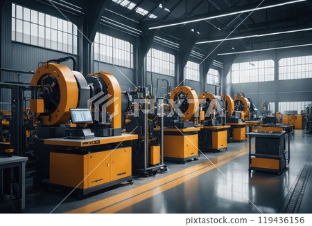 Metalworking, equipment, machining, industrial, technology, manufacturing concept. Automatic cnc machines working with metal workpiece at factory. Factory workshop interior and machines. AI 119436156