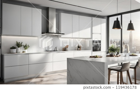 Panorama Monochromatic kitchen with crisp white walls and cabinets. White quartz countertops, city view from window. AI Panorama Monochromatic kitchen with crisp white walls and cabinets. White quartz countertops, city view from window. AI 119436178