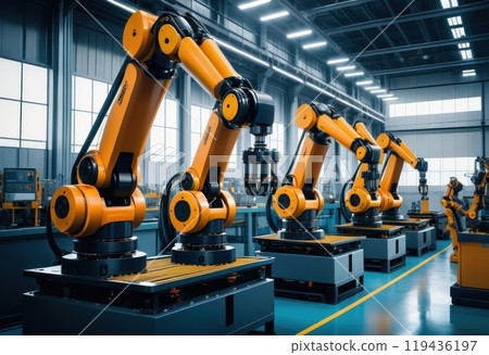 Smart industrial robot arms in digital factory production technology manufacturing process. AI 119436197