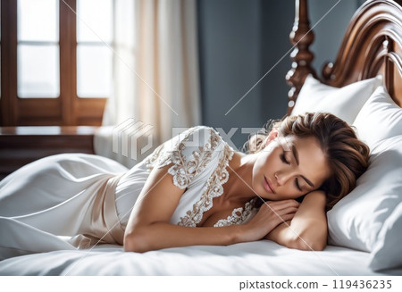 Peaceful serene beautiful young caucasian lady wear pajamas lying asleep relaxing sleeping in cozy white bed on soft pillow resting covered with blanket enjoying good healthy sleep concept. AI Peaceful serene beautiful young caucasian lady wear pajamas lying asleep relaxing sleeping in cozy white bed on soft pillow resting covered with blanket enjoying good healthy sleep concept. AI 119436235
