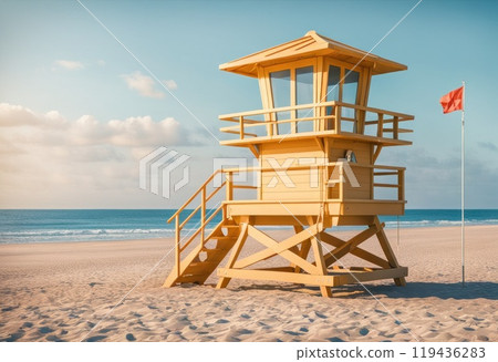 Scenic afternoon view of traditional aging lifeguard tower in weathered yellow pastel colors. AI 119436283